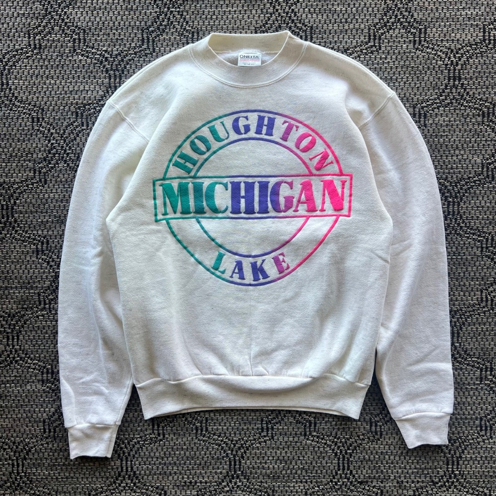 Vintage Michigan Sweatshirt Mens Medium Cream Houghton Lake Puff Print‎ 90s